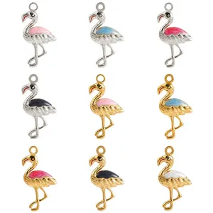 Stainless Steel Flamingo Enamel Charm Cute Bird Animal Pendant Electroplated Jewelry Finding For DIY Necklace Bracelet Craft Making