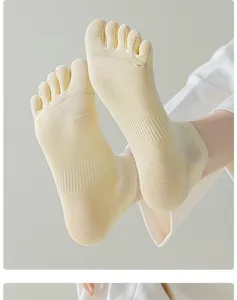 Close-up detail of women's yellow five-toe socks, breathable mesh design, summer wear.