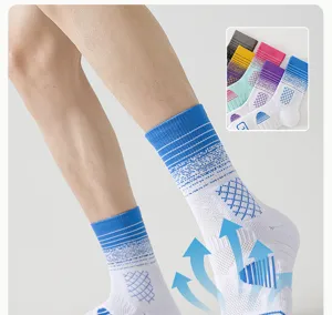 Detail view of men's athletic basketball socks with breathable mesh and towel bottom.