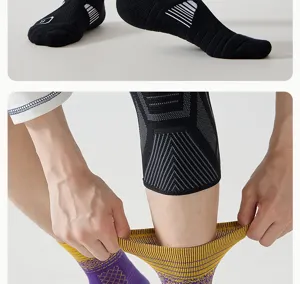 Detailed view of professional basketball socks and compression sleeves, breathable athletic gear.