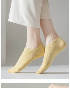 Close-up detail of women breathable mesh invisible boat socks in yellow summer style.