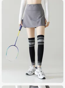 Detailed view of women's sports compression leg sleeves, featuring elastic fabric and athletic stripes.