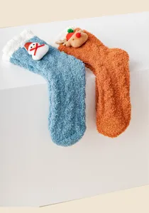 Calze invernali spesse in pile corallo con simpatici peluche natalizi 3D per casa.