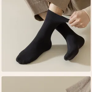 Men's thick warm black mid-calf socks, cozy fleece lined winter thermal socks for daily wear.