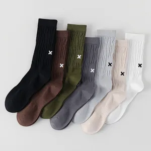 Men's Casual Crew Socks Cotton Solid Color Cross Embroidered Fashion Workwear Style Mid-Tube Socks
