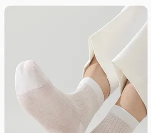 Men summer thin breathable mesh mid-calf socks close-up view showing sheer white fabric detail.