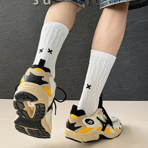 Men's stylish mid-tube white cotton socks with cool embroidery design, perfect for daily streetwear.
