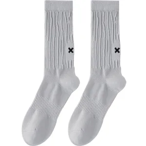 Men grey ribbed crew socks with black embroidery design, comfortable cotton casual long socks.
