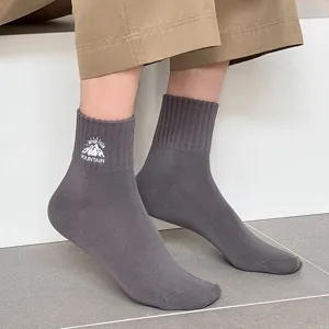 Men's mid-calf cotton socks with mountain embroidery, dark grey casual athletic crew socks.