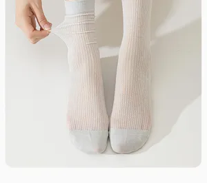 Close-up detail of women's breathable mesh sheer long socks, showing elastic stretch.