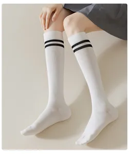 Detail view of Japanese style JK white calf socks with double black stripes for women summer wear.