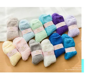 Cozy coral fleece fuzzy socks detail view, soft warm winter floor socks multi-color display.
