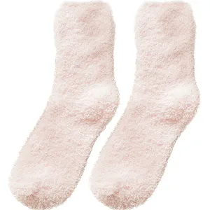 Thickened coral fleece women socks, fuzzy soft warm winter home floor socks, pink main view.