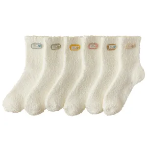 Winter Women Thickened Warm Coral Fleece Sleep Socks Cute Cloth Tag Solid Color Soft Cozy Thermal Mid Tube Floor Socks