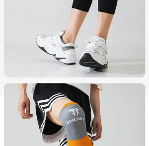 Detail view of sports compression knee sleeve, elastic knitted fabric for running fitness.