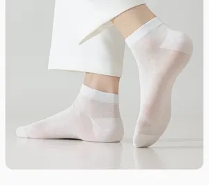 Close-up detail of white thin low-cut boat socks for men, breathable and comfortable summer wear.