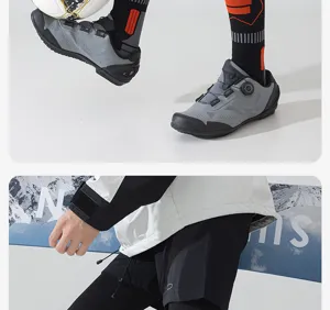 Outdoor sports thermal ski socks and professional athletic footwear detailed display.