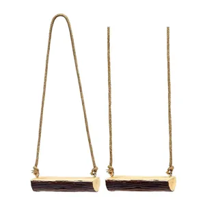 Mini wooden swing detail shot, natural bark texture with hemp rope, micro landscape decor.
