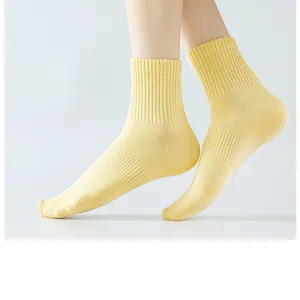 Women comfortable yellow ribbed cotton mid-tube socks, breathable soft daily casual wear.
