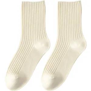 Women's Casual Pure Cotton Crew Socks Spring Autumn Breathable Solid Color Ribbed Comfortable Soft Daily Wear Hosiery