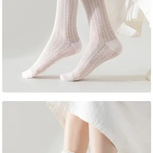 Detailed view of women's breathable mesh long socks, summer thin Japanese JK cotton socks.
