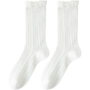 Women Summer Thin Slouch Socks Pure Cotton Mesh Breathable Japanese JK Style Cute Ruffle Cuff Long Casual Stockings