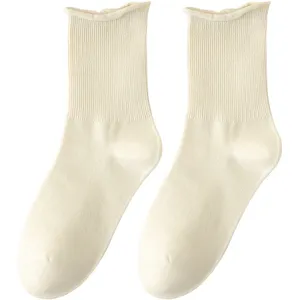 Women's Casual Full Cotton Mid-Tube Crew Socks Solid Color Breathable Deodorizing Stacked Socks