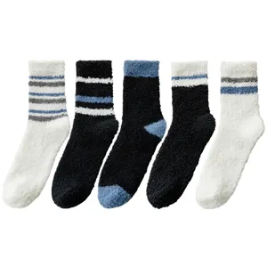 Men's Winter Thickened Coral Fleece Sleep Socks Warm Fluffy Home Floor Socks Striped Thermal Cozy Footwear