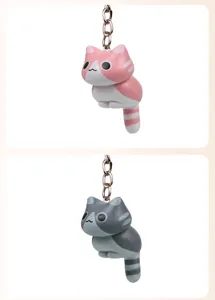 Süße hockende Katze Anime Figur Schlüsselanhänger, gestreifter Kater Metall Schlüsselring.