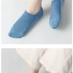 Detailed view of women's low-cut ribbed boat socks in blue, showing comfortable fit and texture.