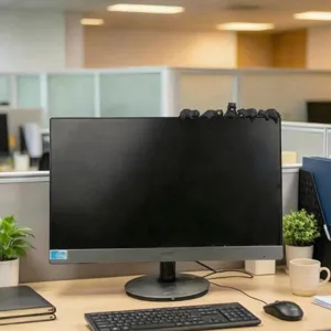 Χαριτωμένες μικρές φιγούρες μαύρης αρκούδας για άκρη οθόνης υπολογιστή, διακόσμηση γραφείου.