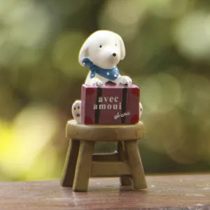 Figura Miniatura de Cachorro de Resina Sentado en Taburete Con Maleta Para Decoración de Paisaje de Jardín Suculentas Regalo