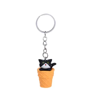 Cute cartoon cat ice cream cone keychain, creative metal ring bag pendant and car charm.
