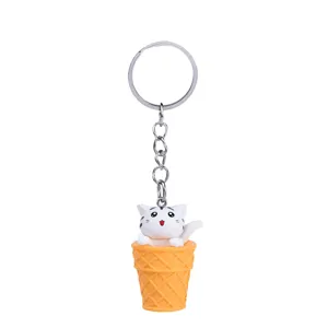 Detail view of cute cartoon cat ice cream cone keychain pendant charm for bags and keys.