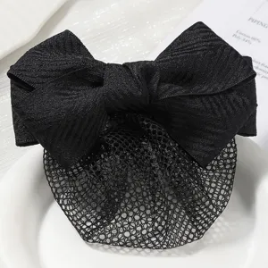 Black hair bow with snood net, elegant professional hair clip for office, bank and hotel work.
