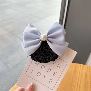 Professional hair net bow hair clip with pearl and black mesh for women work daily wear
