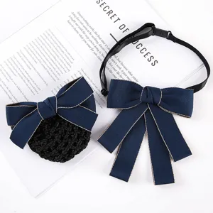Women professional navy blue bow tie and hair net set, elegant uniform collar bow accessory.