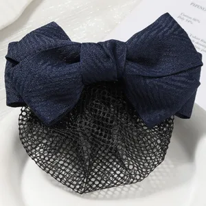 Professional dark blue hairnet bow bun maker for nurses, hotel and airline staff work use.