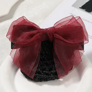 Elegant red organza bow hair net for women, professional bun cover hair accessory.