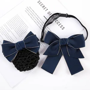 Professional women uniform bow tie and hair net set, dark blue with gold trim detail.