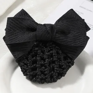 Professional black hair net with bow for women, perfect for nurses, hotel and bank staff work.