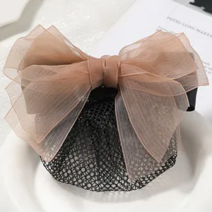 Professional hair net with beige organza bow, elegant bun cover for women and workplace.