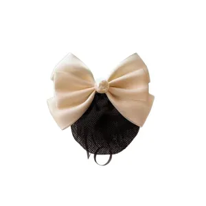 Professional hairnet clip with elegant satin bow and pearl accent for workplace styling.