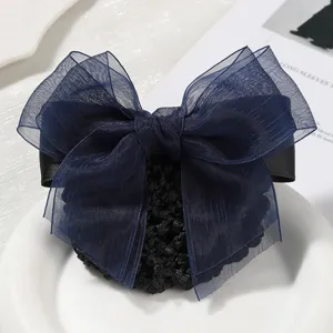 Dark blue mesh bow hair net bun cover for professional work, elegant and practical hair accessory.