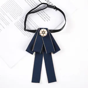 Navy blue ribbon collar flower bow tie with pearl rhinestone center for women professional uniform