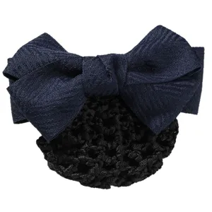 Professional navy blue hair bow with black net bun cover, elegant work hair accessory.