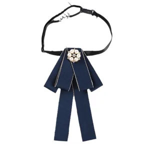 Dark blue ribbon collar bow tie with pearl rhinestone flower brooch for women uniform wear