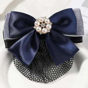 Korean Style Bowknot Hair Net Clip Professional Uniform Hair Accessory With Artificial Pearl Rhinestone Rose Flower