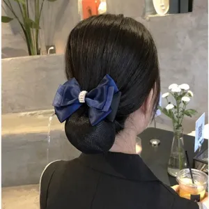 Professional hair net bow bun cover for women, navy blue satin hair accessory for nurse hotel staff.