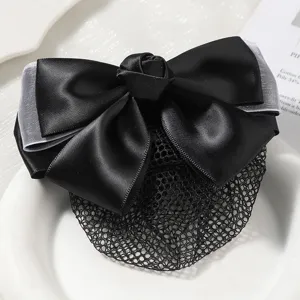 Black satin bow hair net with floral knot, elegant hair accessory for women detail view.